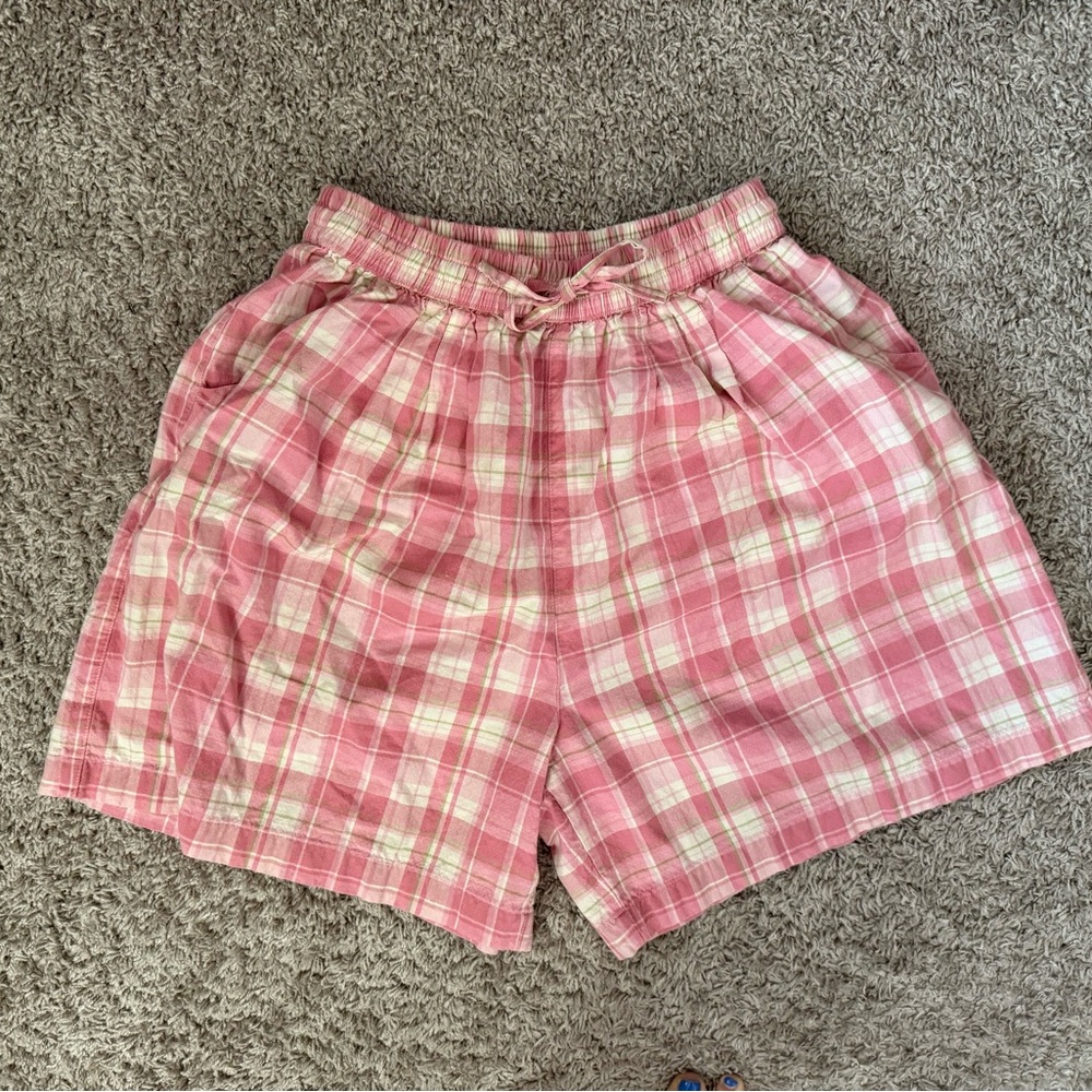 Pink & White Plaid Boxer Style Drawstring Shorts - Size Small - 100% cotton